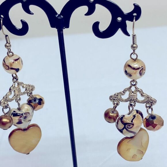 Vintage Earrings Gold/Brown Tone Mixed Media Mother of Pearl Aurora Borealis - Picture 3 of 6